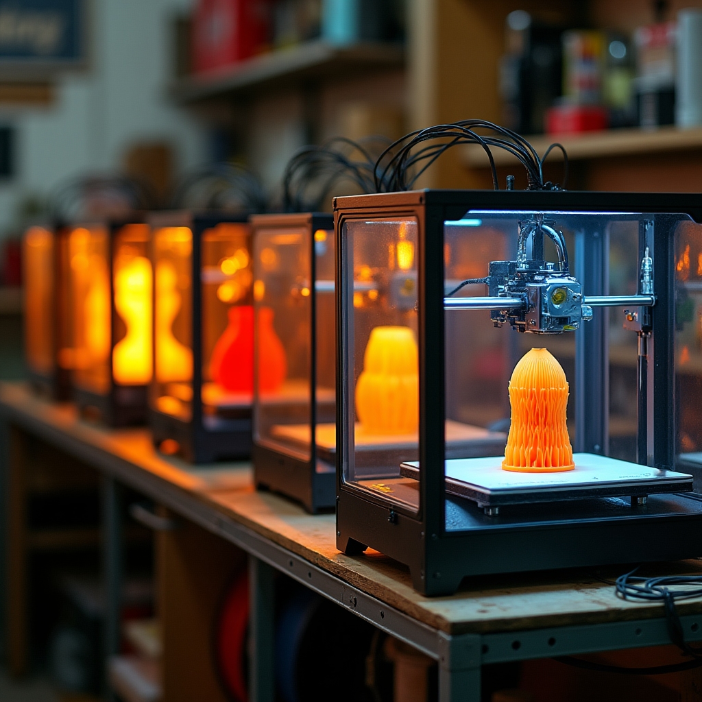 Řada 3D tiskáren v makerspaci při tisku modelů